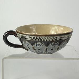 German Blue Flower Coffee Cup Signed Pottery Vtg Unique 1.5" Tea Wine Handarbeit